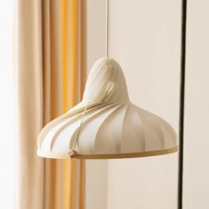 Meblo pendant lamp side angle detail showing twisted fabric suspension cord and wood trim