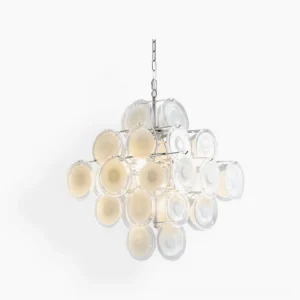 Medallion glass disc chandelier with chrome metal frame and clear glass medallions, front studio view on white background