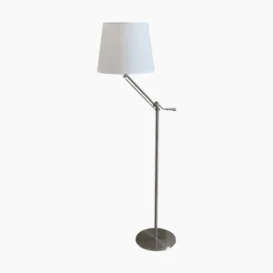 Medea chrome floor lamp with articulating swing arm and white linen shade, front view on white background