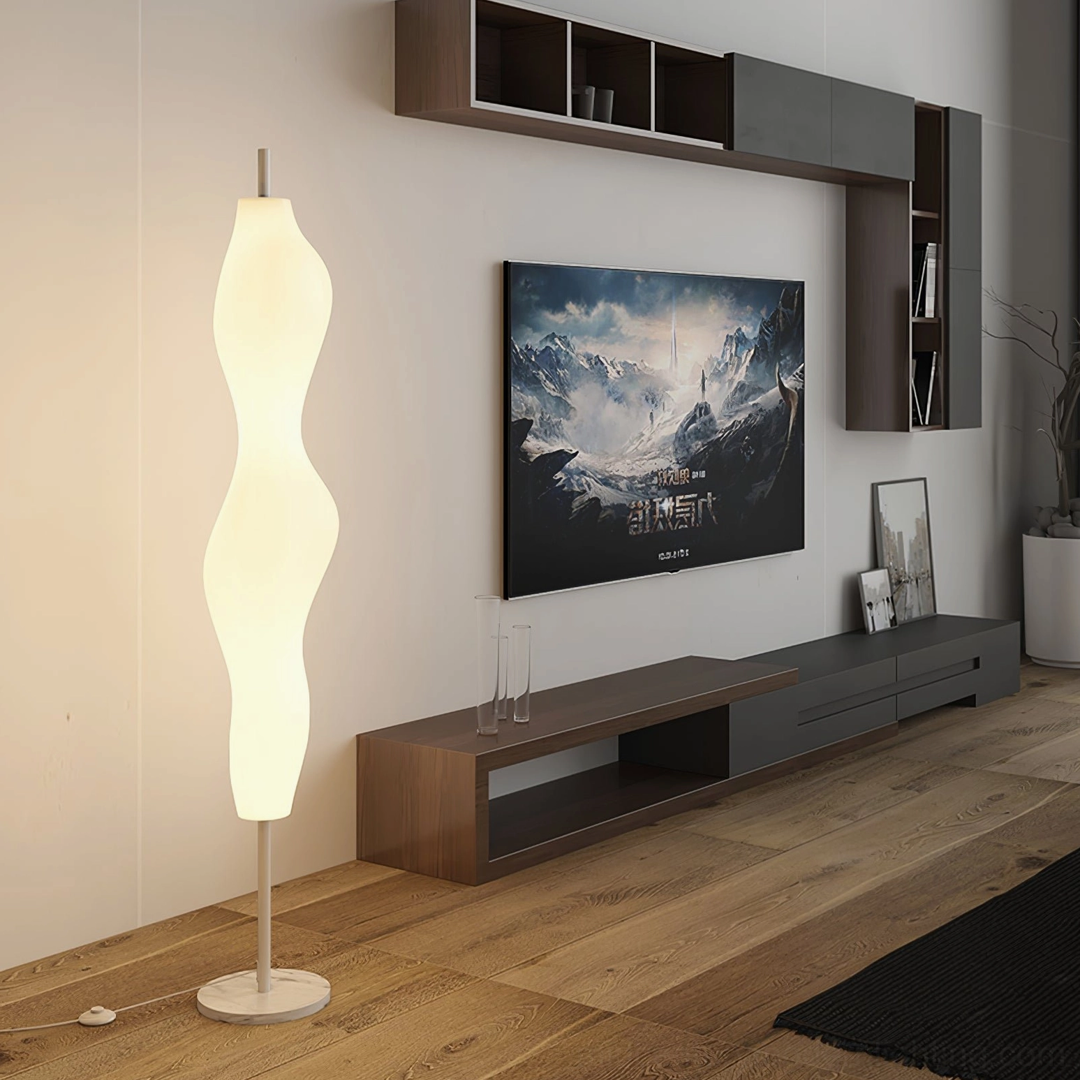 Modern floor lamp in home theater living room with TV unit and entertainment setup