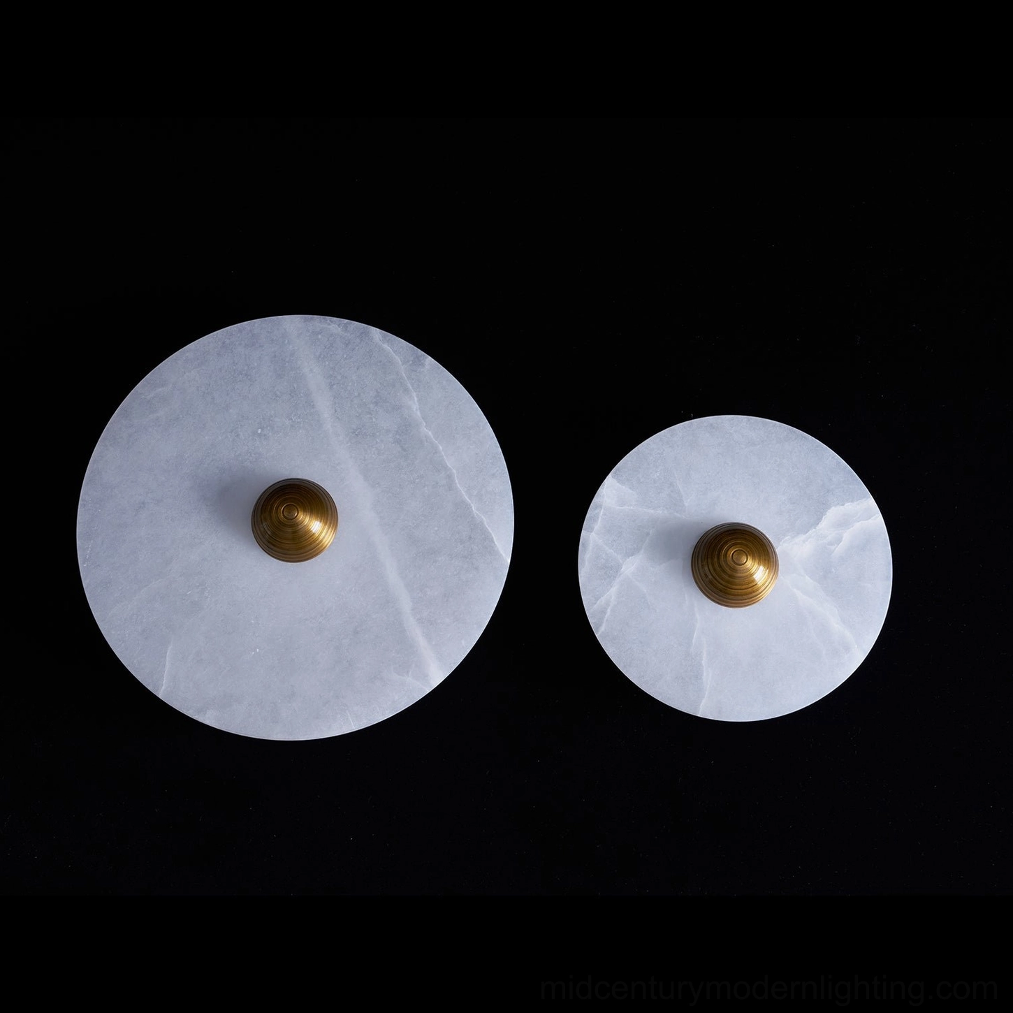 Multiple alabaster lights in progressive sizes, size comparison display, four diameter options