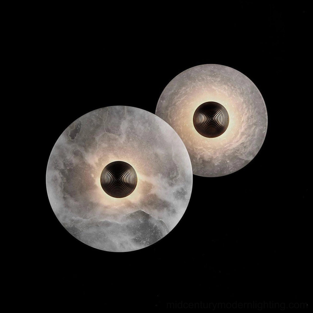 Alabaster wall light in neutral minimalist bathroom, spa-like warm ambience, luxury bathroom lighting