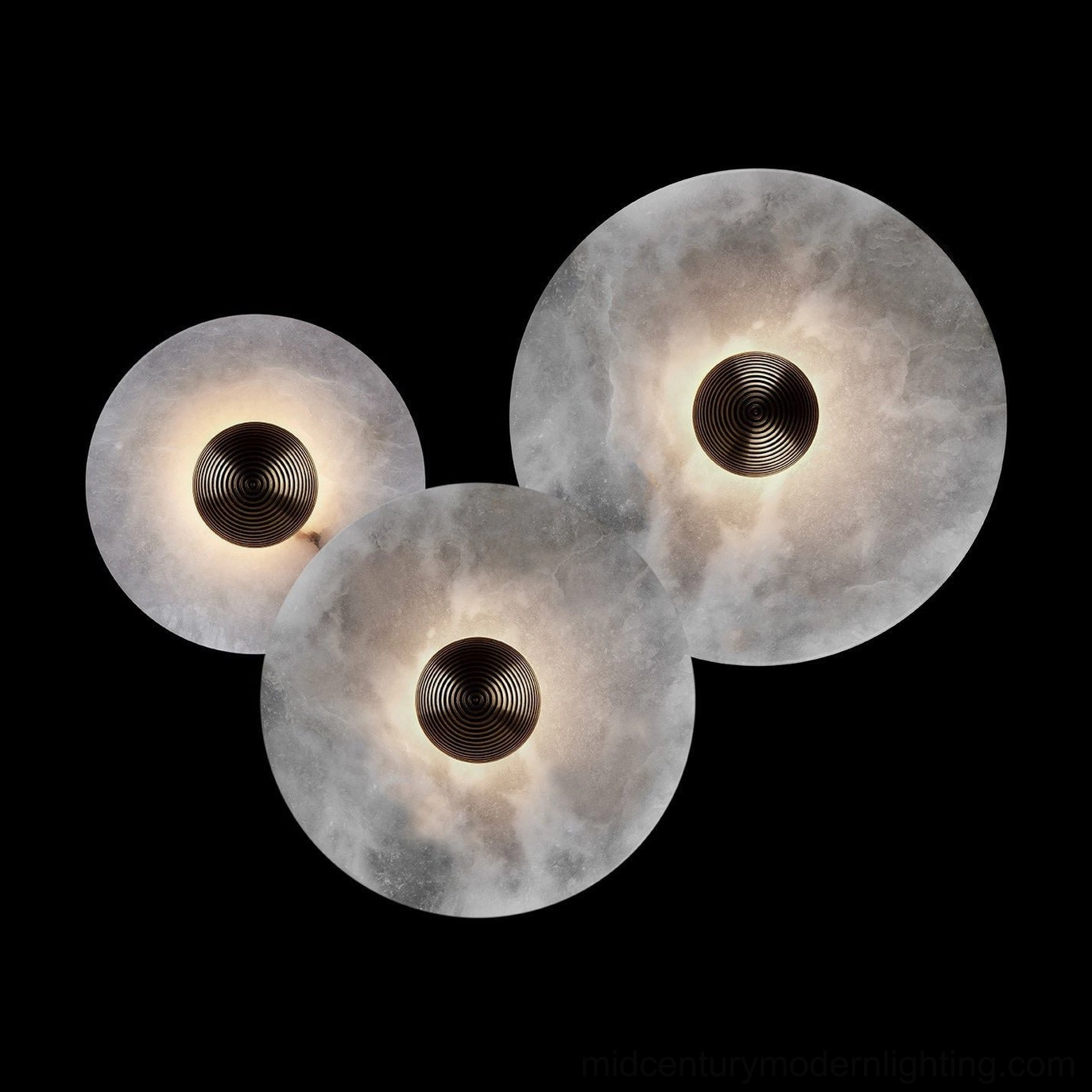 Round alabaster ceiling light flush-mounted in modern living space, ambient overhead illumination