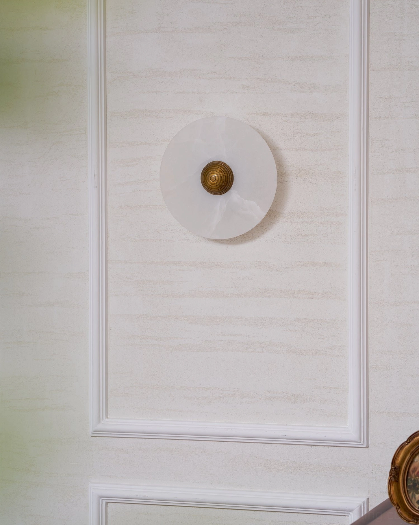 Compact alabaster wall light (7.9 inches) beside bedroom nightstand, intimate accent lighting