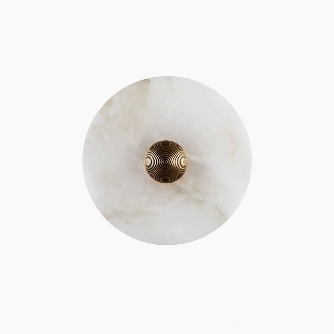 Round alabaster wall light detail photograph, sculptural form and shadow, design craftsmanship