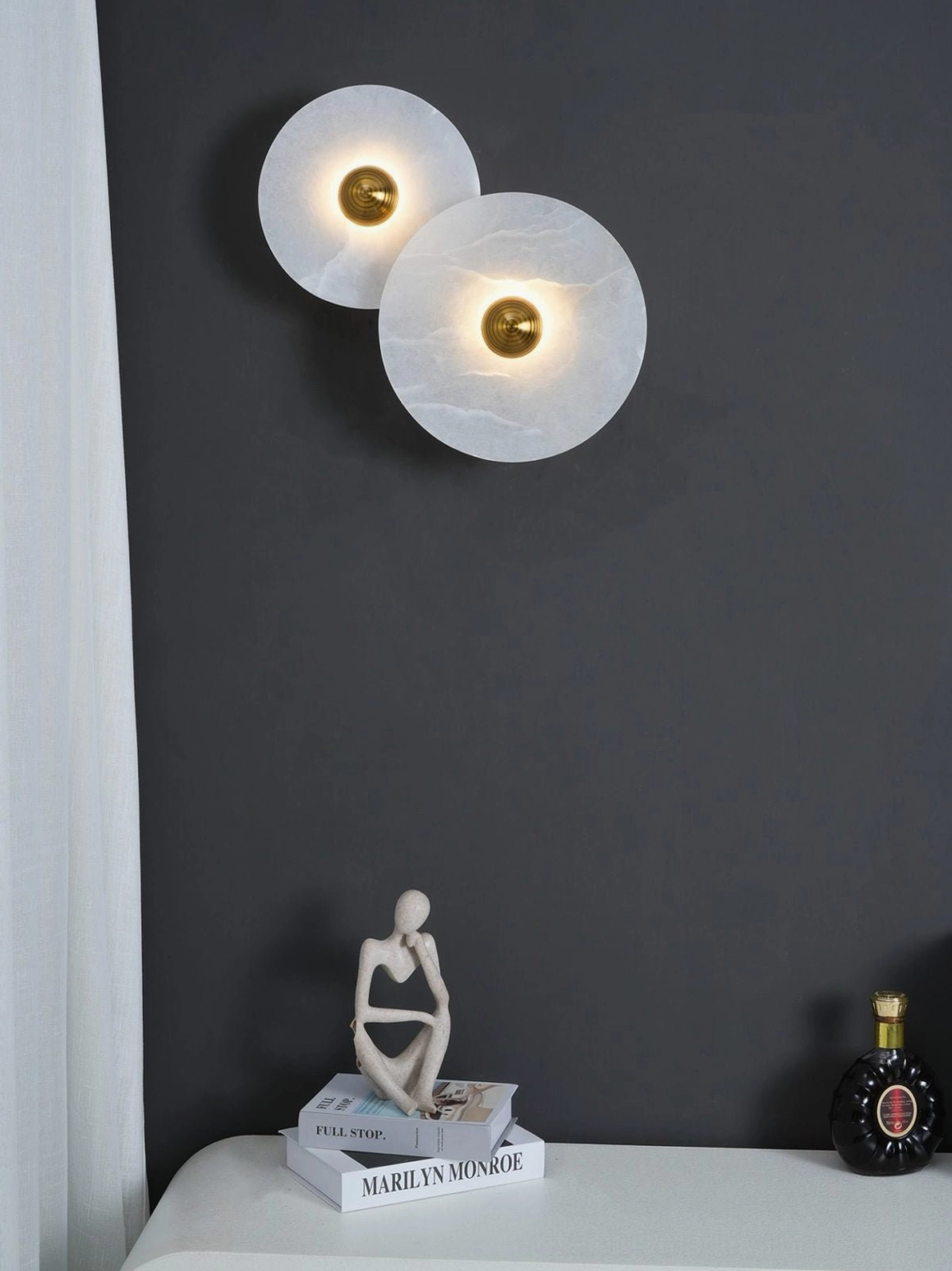 Large (11.8 inch) alabaster wall light in living room feature wall, architectural focal point