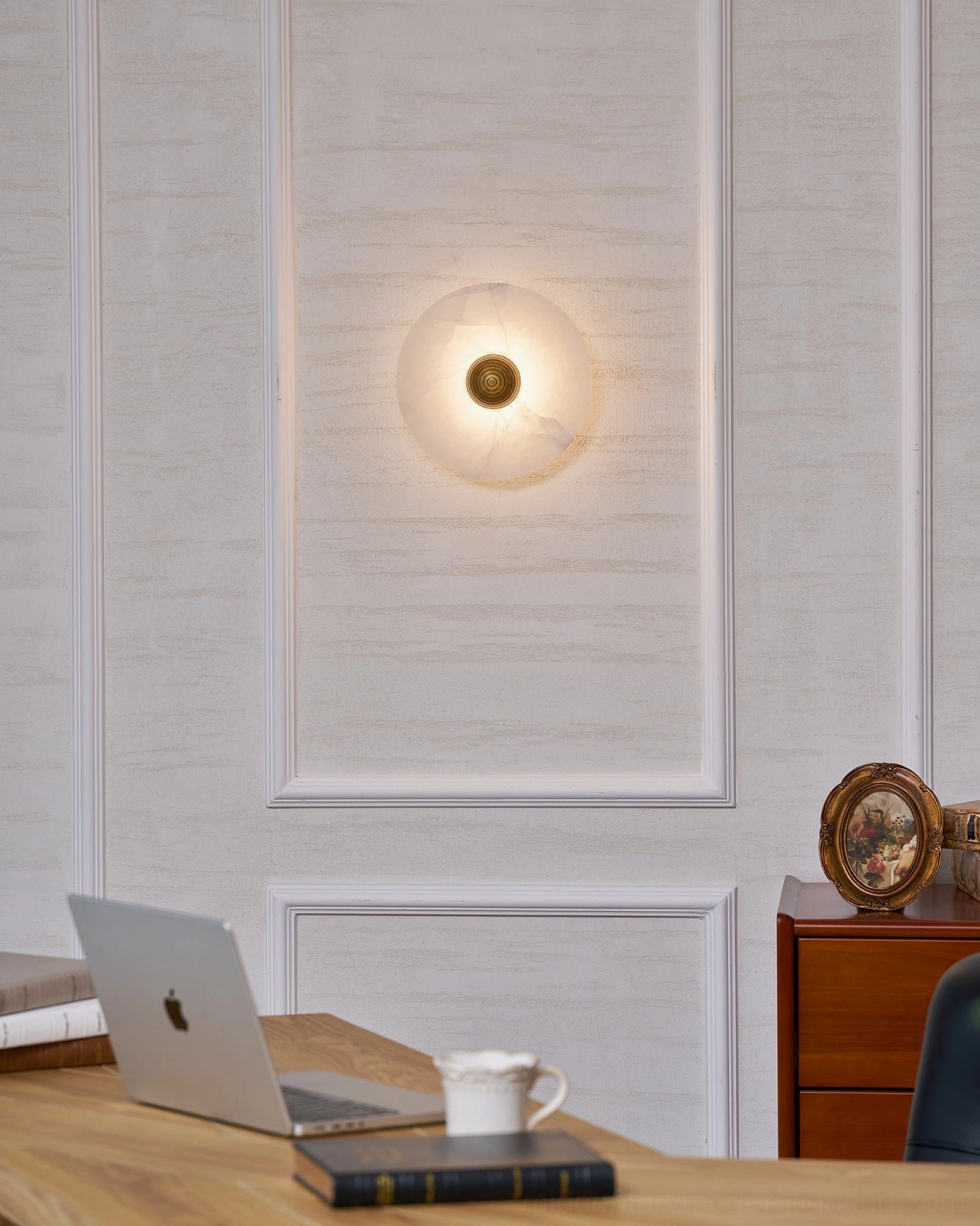 Large statement-size round alabaster wall light (13.8 inches), bold sculptural presence, dramatic scale