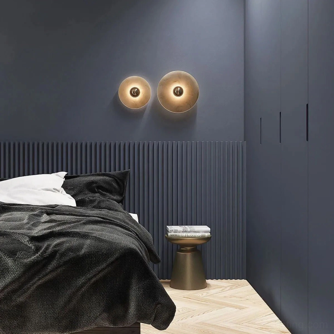 Pair of alabaster wall lights flanking modern dark-toned bedroom with ribbed headboard, warm brass fixtures