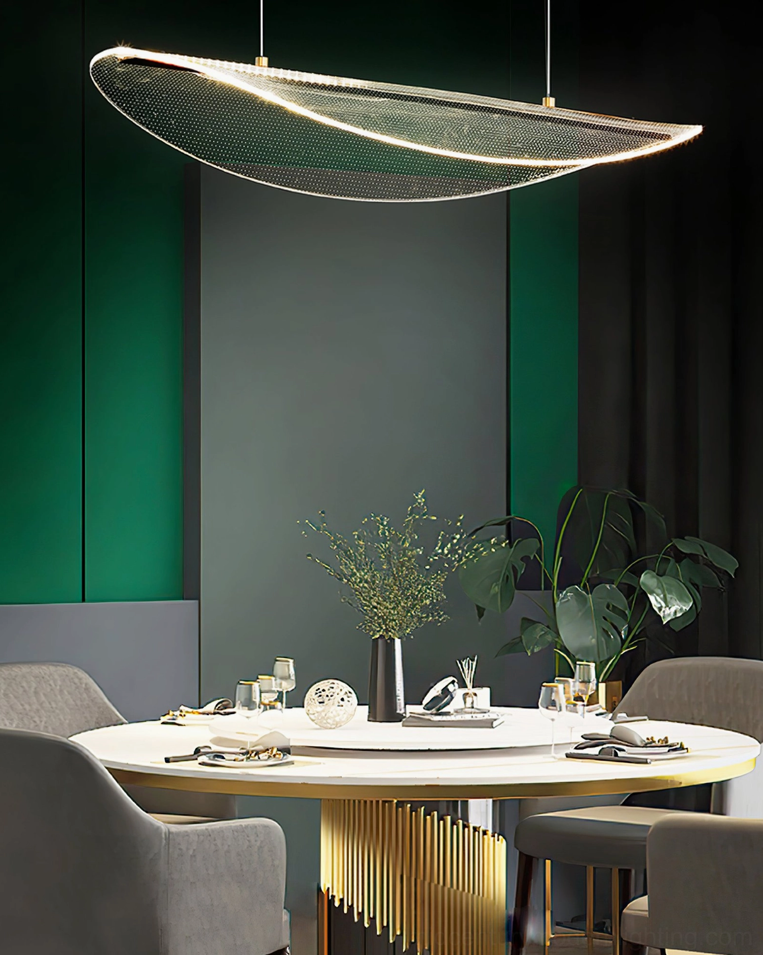 Mediterranean inspired floating pendant light with perforated frosted shade and gold accent