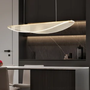 Modern floating pendant lamp illuminating contemporary kitchen dining area with warm LED light