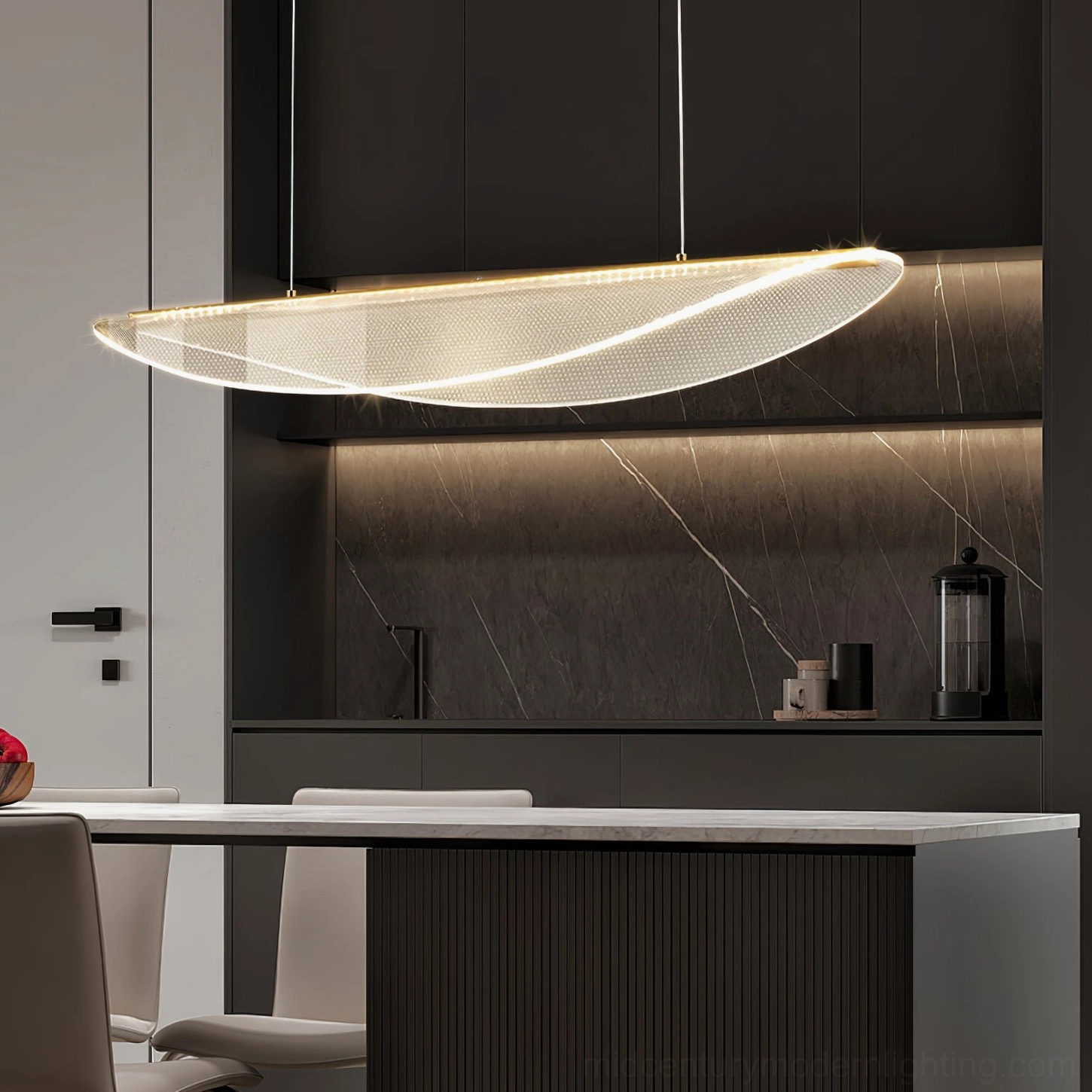 Modern floating pendant lamp illuminating contemporary kitchen dining area with warm LED light