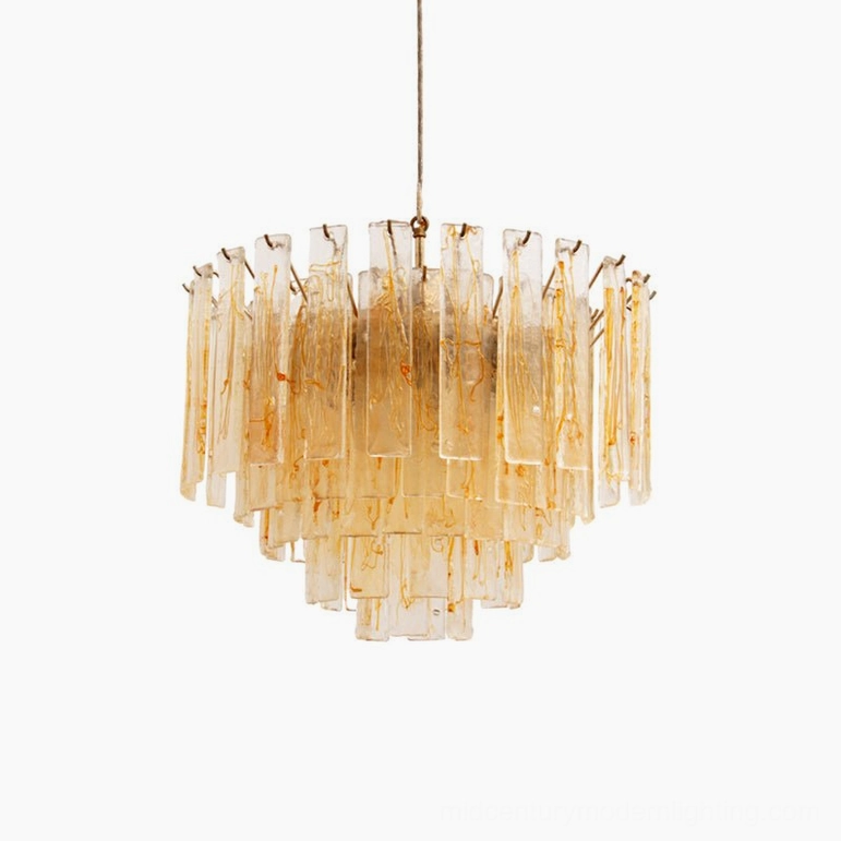 Medium-sized 80cm diameter amber glass tiered chandelier ideal for standard dining rooms and living spaces