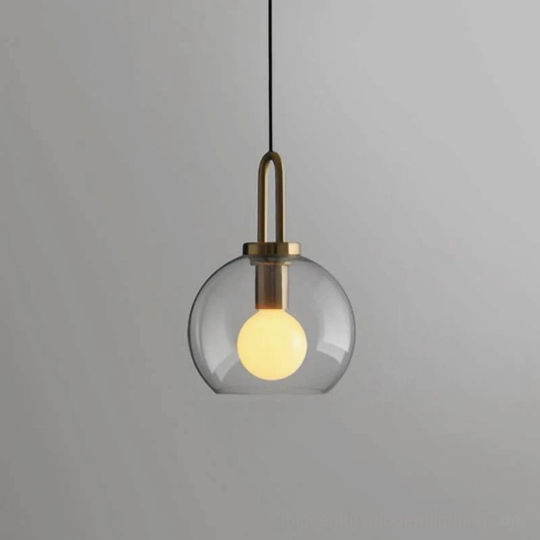Medium clear glass spherical smoked pendant lamp with warm incandescent bulb glow effect