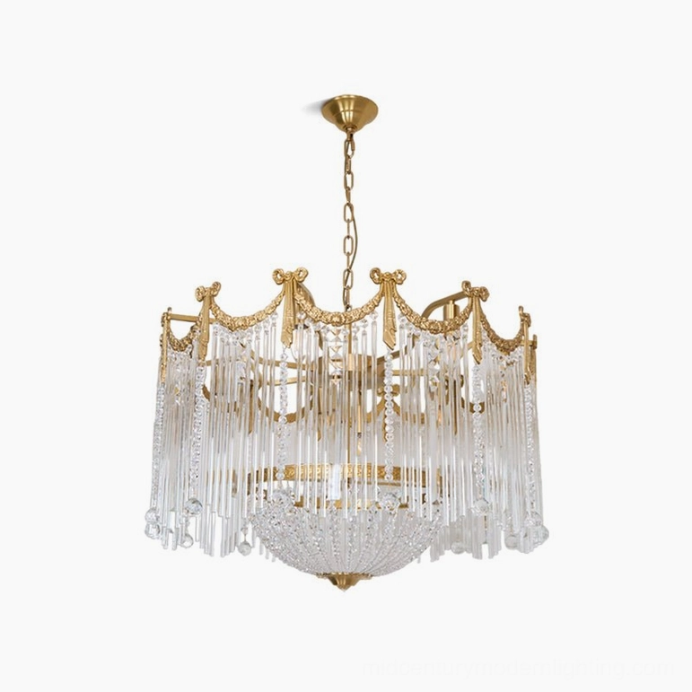 Medium crystal teardrop chandelier in 23.6 inch diameter size option with brushed brass finish