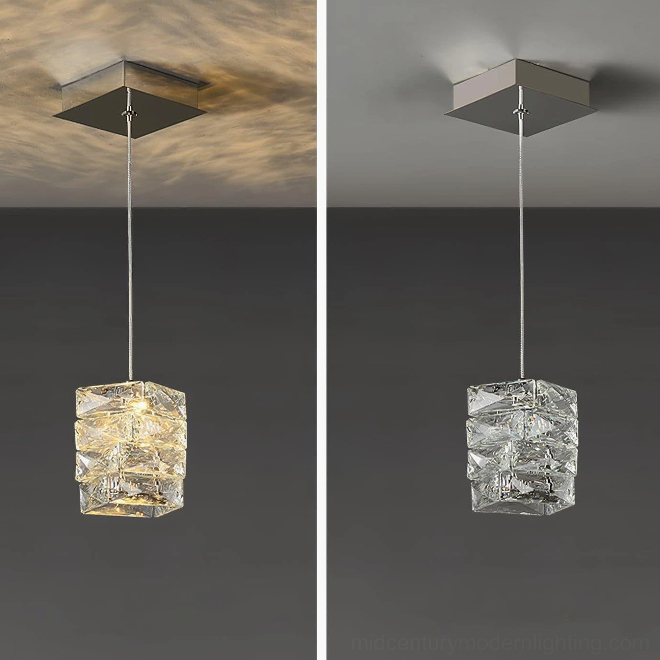 Medium-sized faceted crystal pendant lamp showing geometric precision and contemporary pendant design