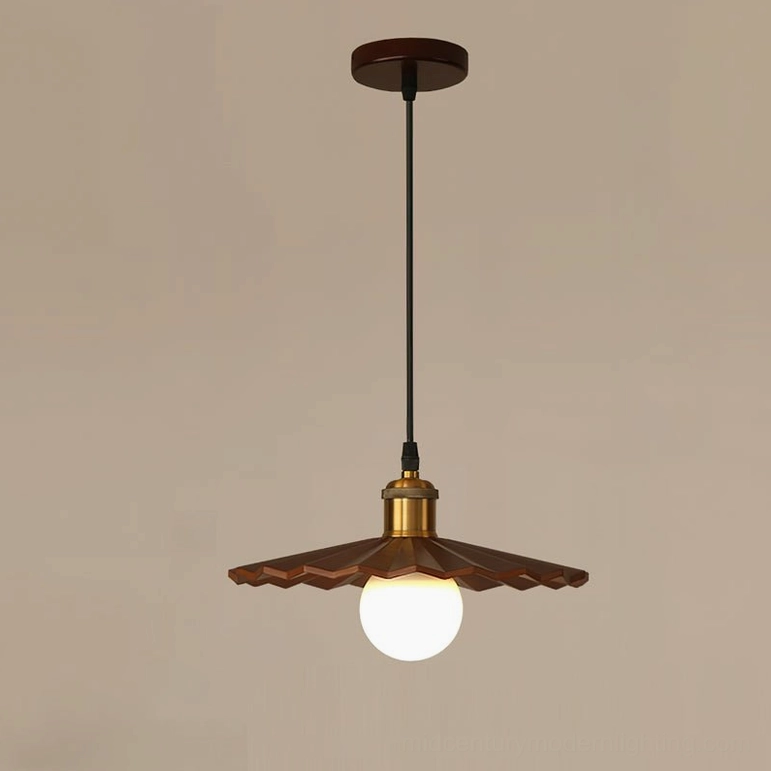 Medium diameter geometric natural wood pendant light showing full shade and suspension hardware