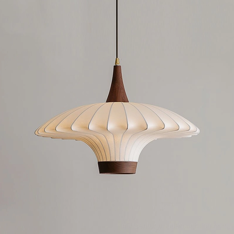 Medium size Parasol fabric pendant light with walnut base and gold hardware, versatile modern lighting solution