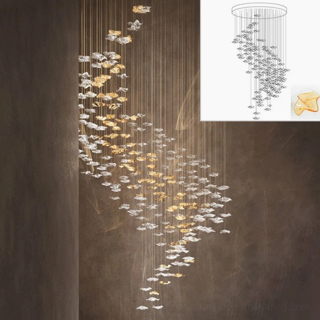 Medium fluid glass chandelier round canopy clear and amber finish warm lighting
