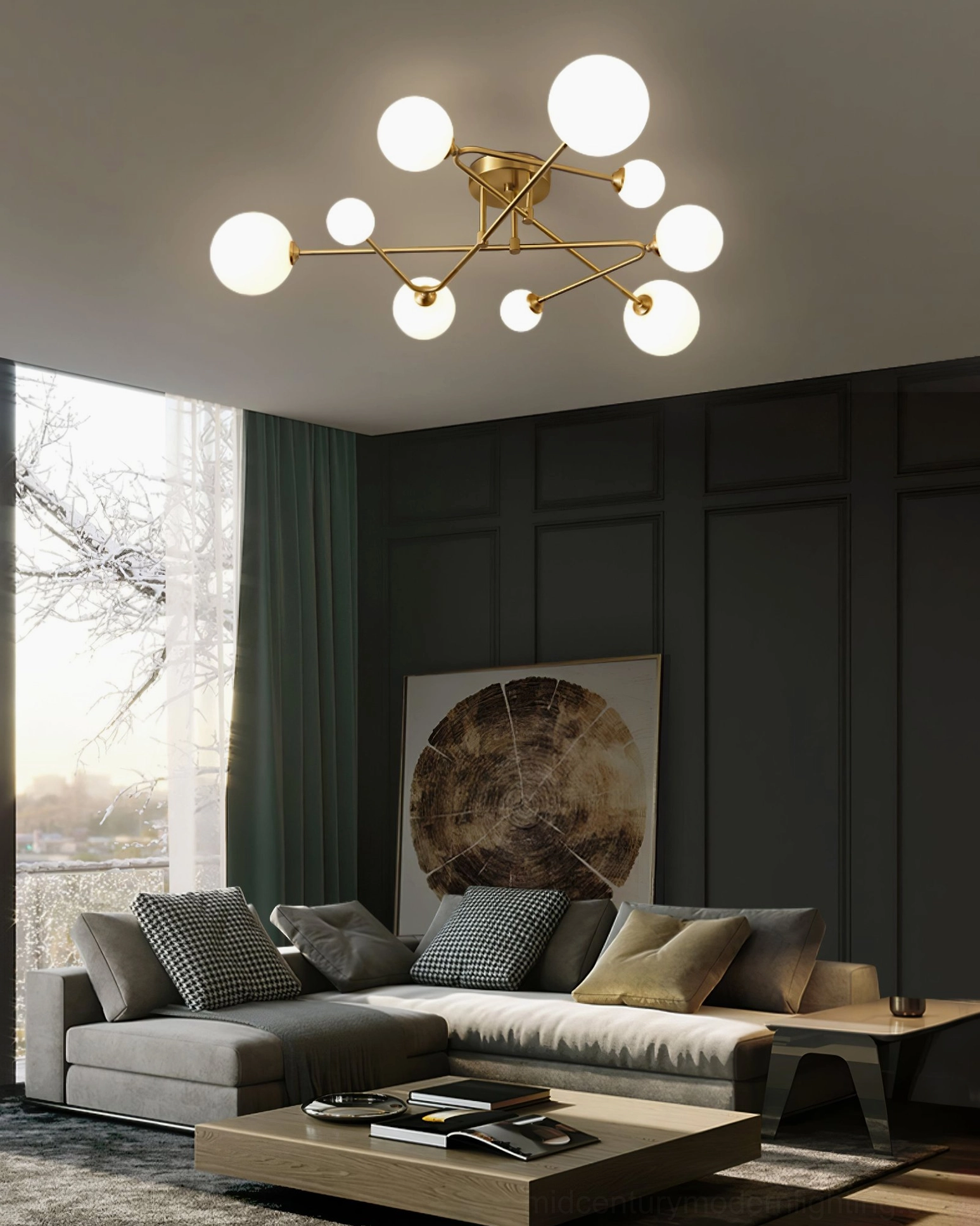 Medium sputnik ceiling light in contemporary minimalist living room with neutral modern decor