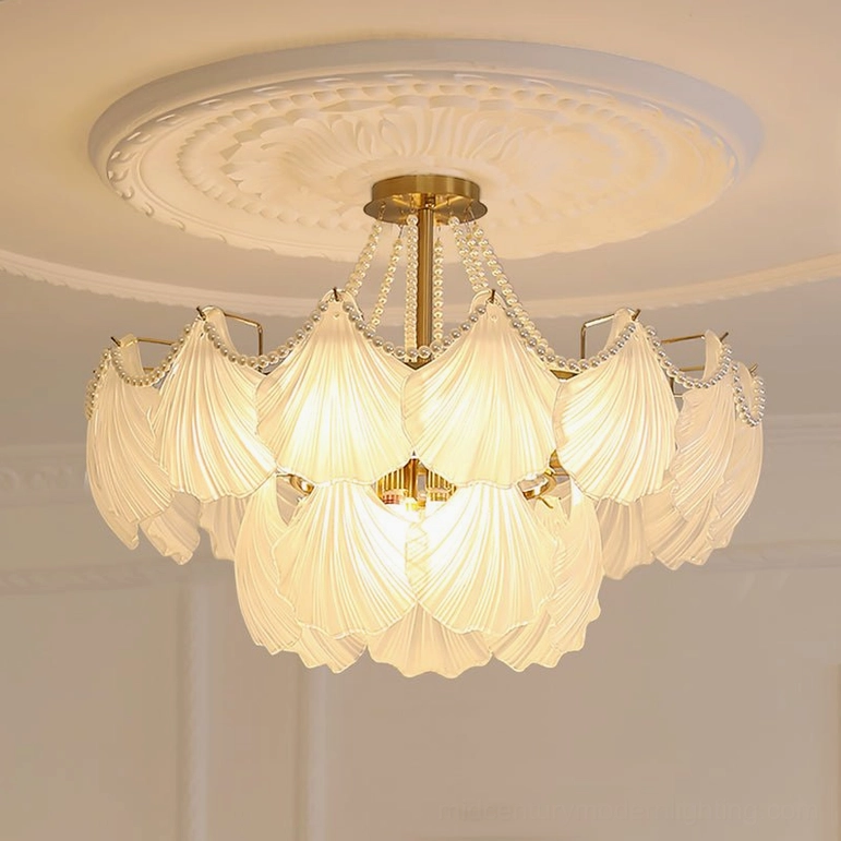 Medium two-layer scallop shell chandelier 31.5 inch diameter with frosted glass and brass frame