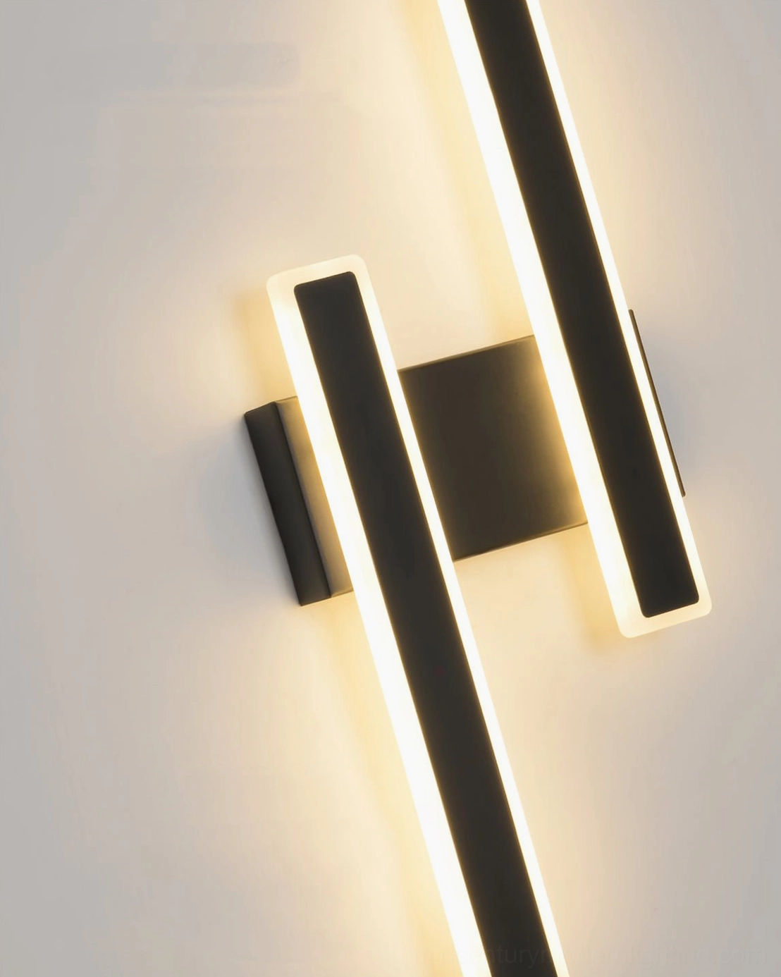 Close-up side view Mel geometric wall sconce - dual bar LED architecture minimalist design detail