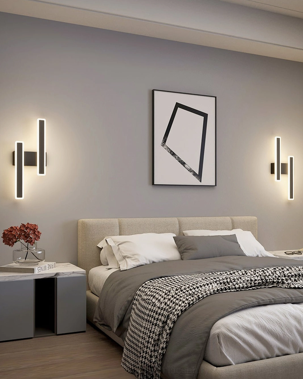 Paired Mel wall sconces in modern bedroom with wall art - contemporary minimalist bedside lighting
