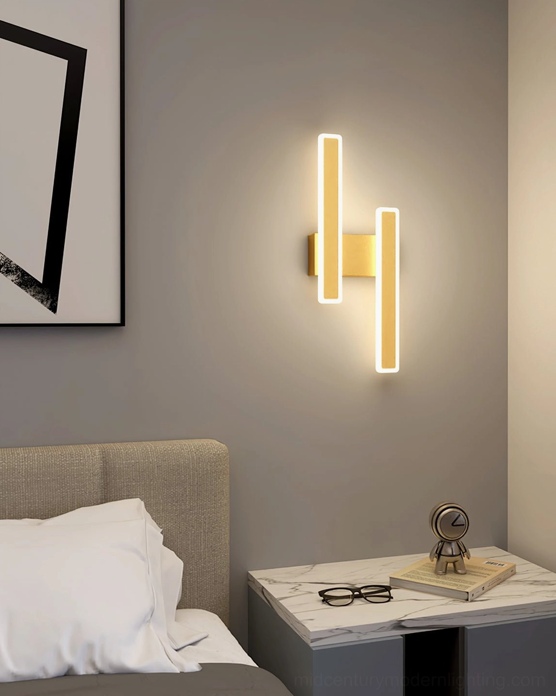 Close view Mel geometric wall sconce gold accent finish - contemporary LED lighting warm glow