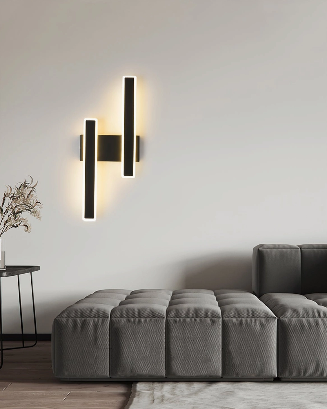 Mel modern wall sconce paired installation in living room with sofa - contemporary interior accent lighting
