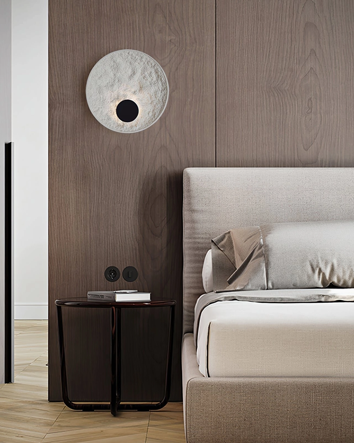 Melesa wall sconce hero product shot textured resin circular modern lighting fixture studio