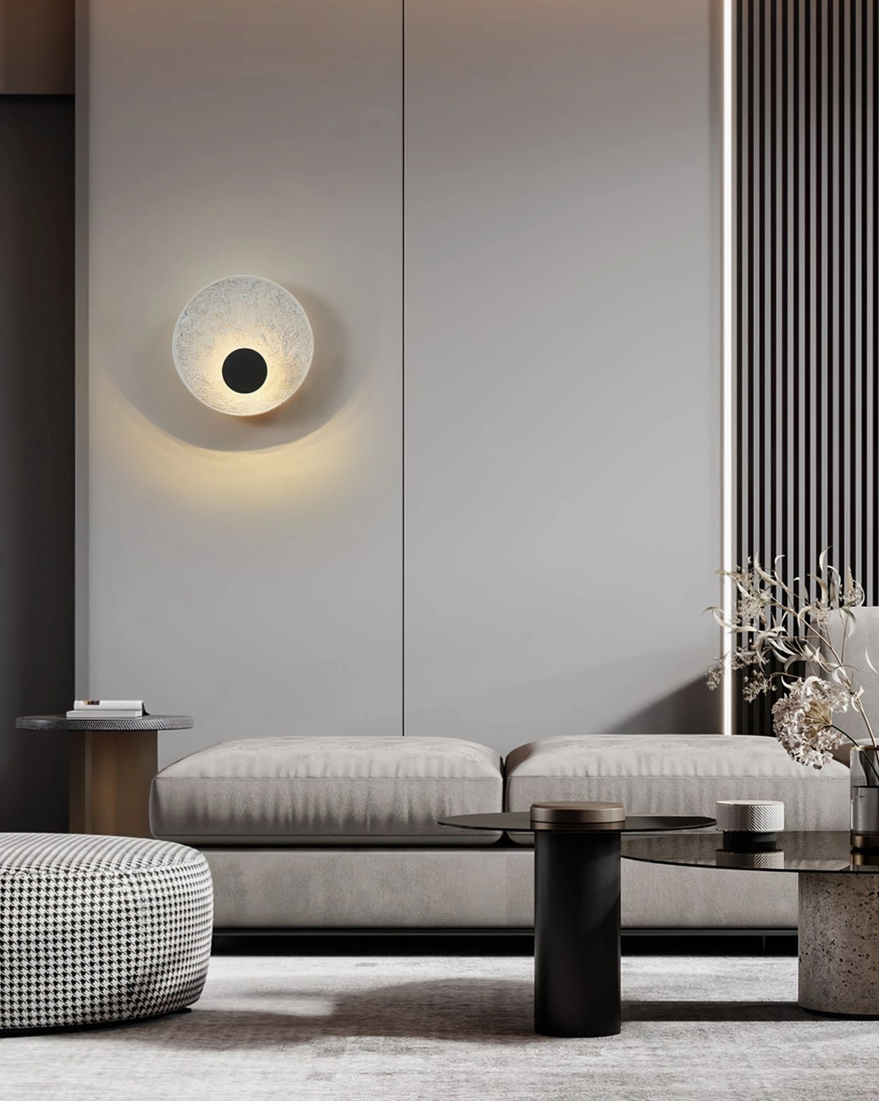 Melesa wall mounted sconce in neutral modern lounge space showcasing minimalist interior lighting design
