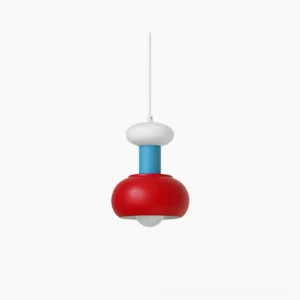 Meli color-block pendant light with blue red and white geometric design on white background, modern hanging lamp