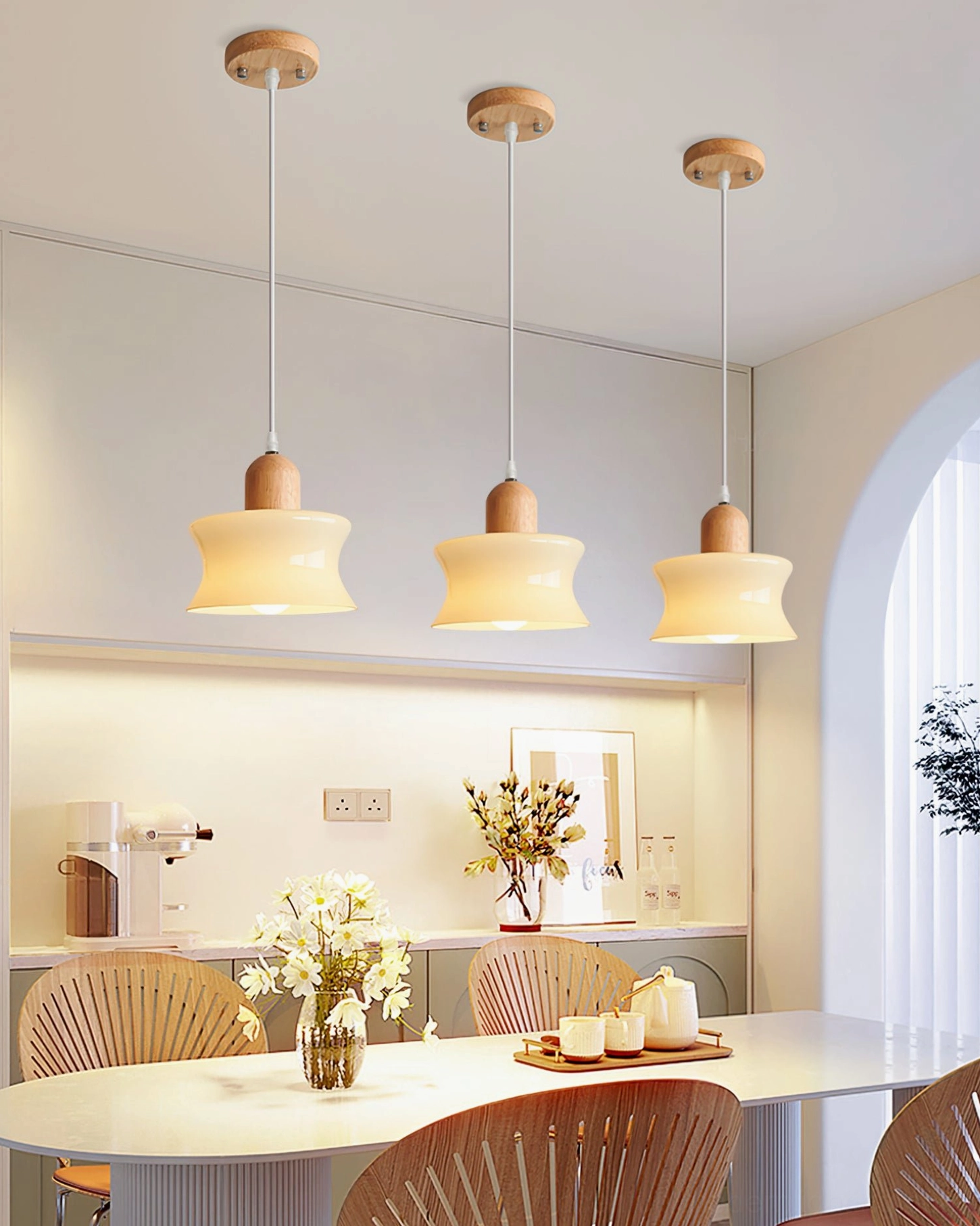 Front close-up of mellow pendant showing waist-shaped frosted glass shade design with solid wood collar detail