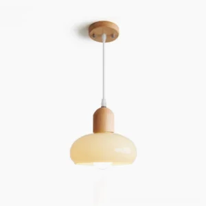 Mellow handcrafted glass pendant lamp with solid wood accent in warm cream finish, front studio view showing frosted glass shade design