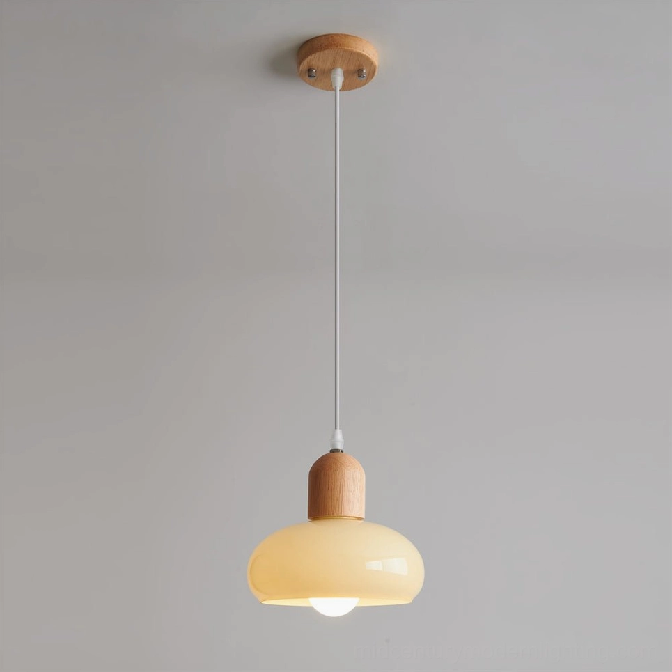 Mellow Model A compact glass pendant in wood and cream color options, size comparison for intimate spaces