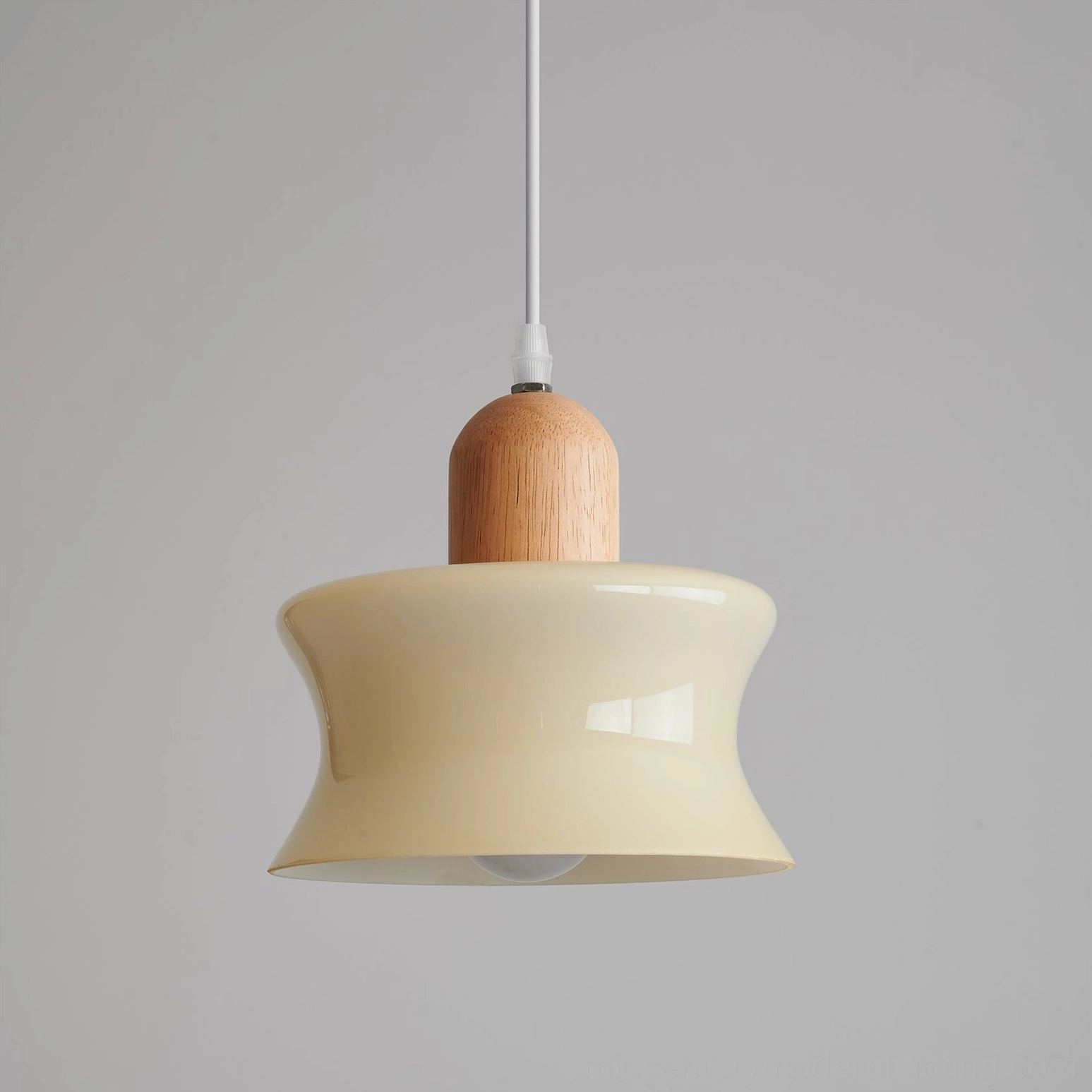 Model C mellow glass pendant lamp - large statement size 8.7 inches diameter showing premium frosted glass and wood accent