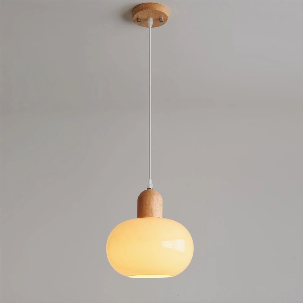 Mellow glass pendant Model C in cream and natural wood finish options, comparing color variations side by side