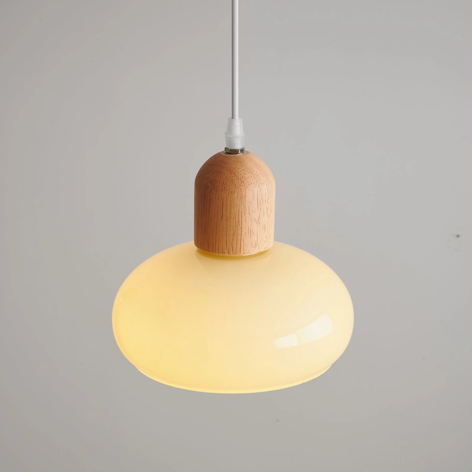 Natural wood tone mellow glass pendant lamp showcasing organic material and frosted glass diffusion quality