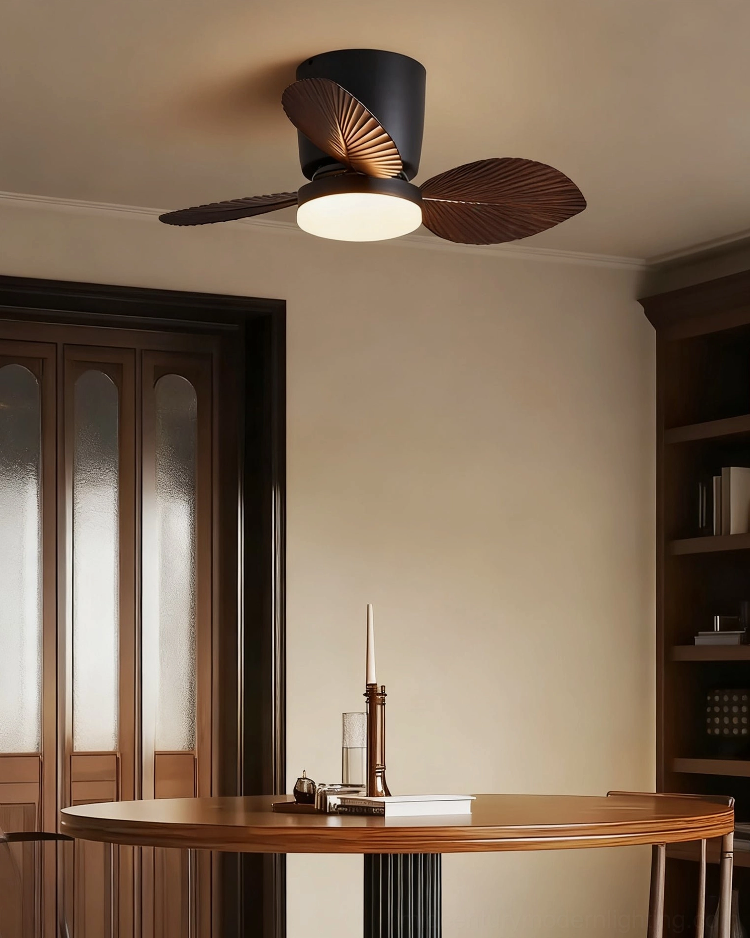 Melorie tropical palm ceiling fan light blade detail, showing organic pleated texture inspired by natural banana leaf design
