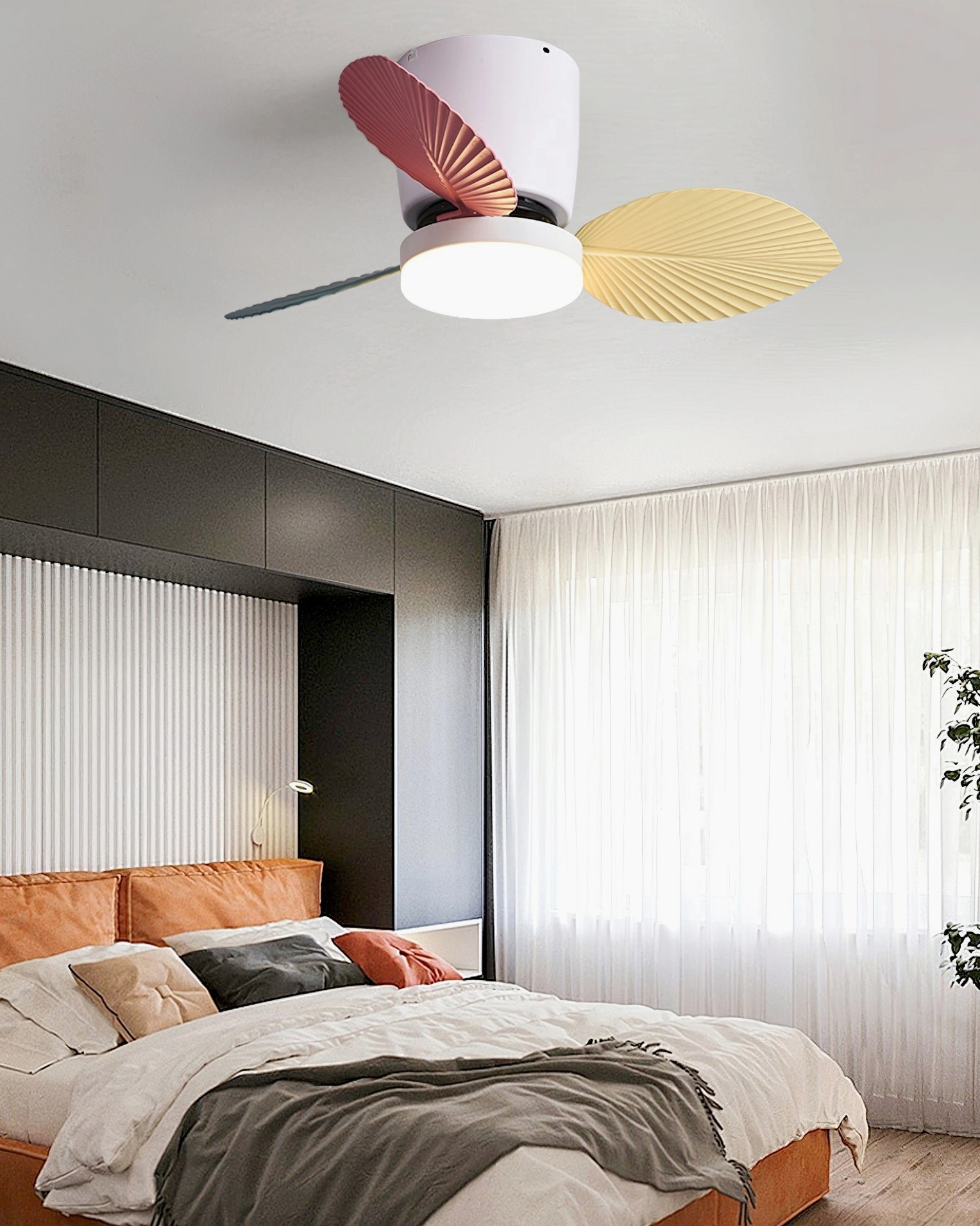 Melorie ceiling fan light black finish, sleek minimalist design integrated into contemporary bedroom space