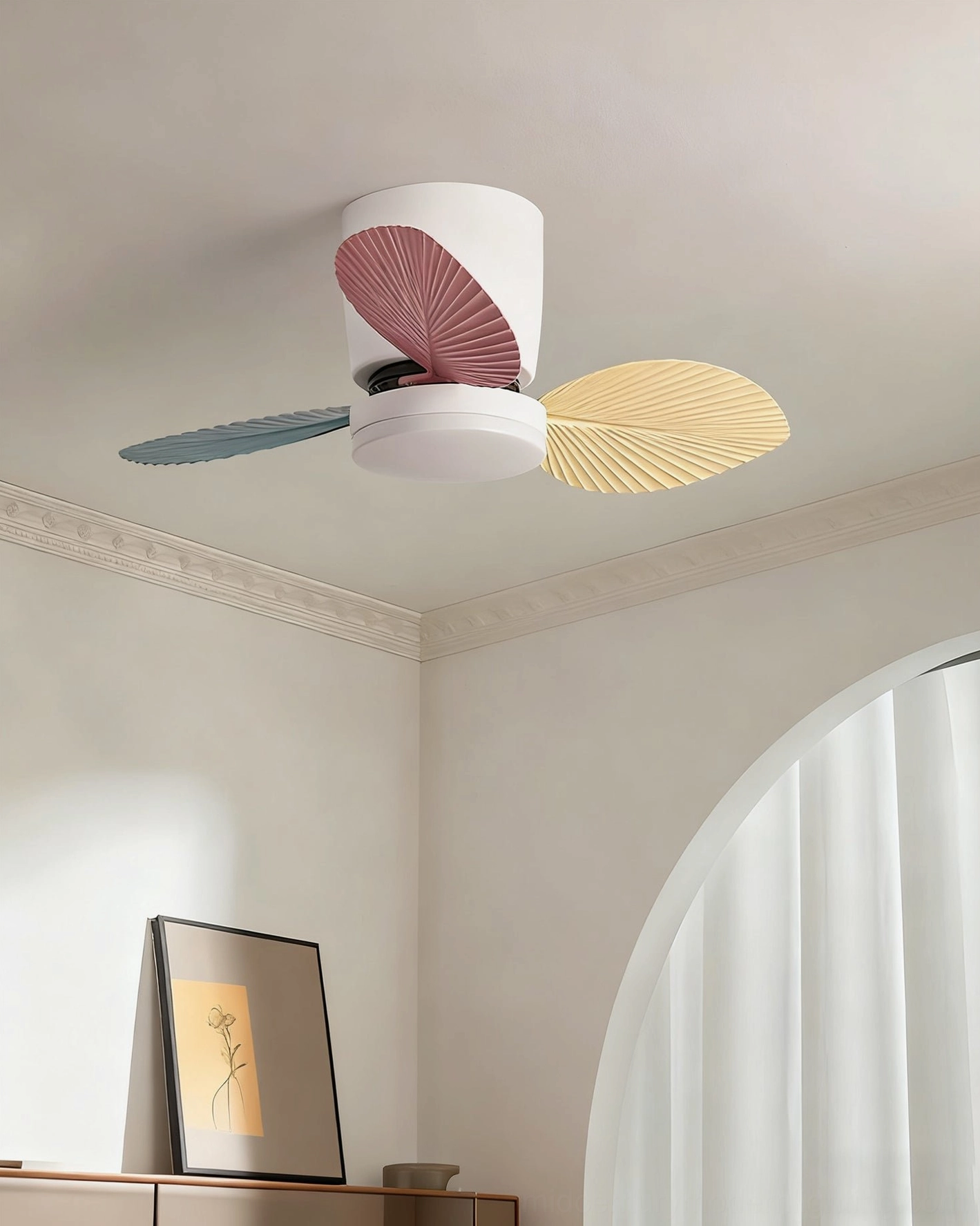 Melorie ceiling fan light installation detail showing flush mount ceiling attachment and integrated LED housing