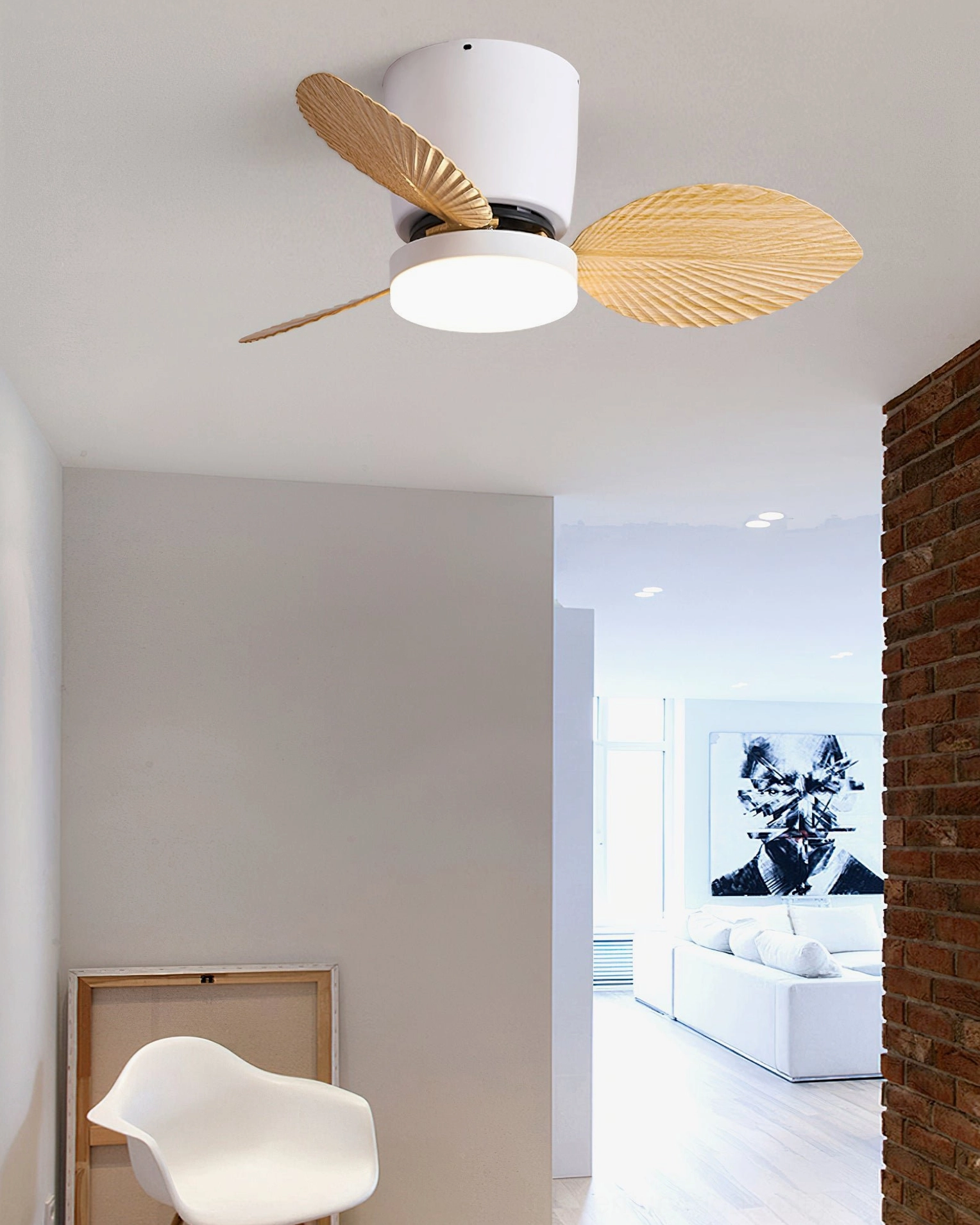 Melorie ceiling fan light colorful variant with white finish, three-color changing LED lighting capability showcase