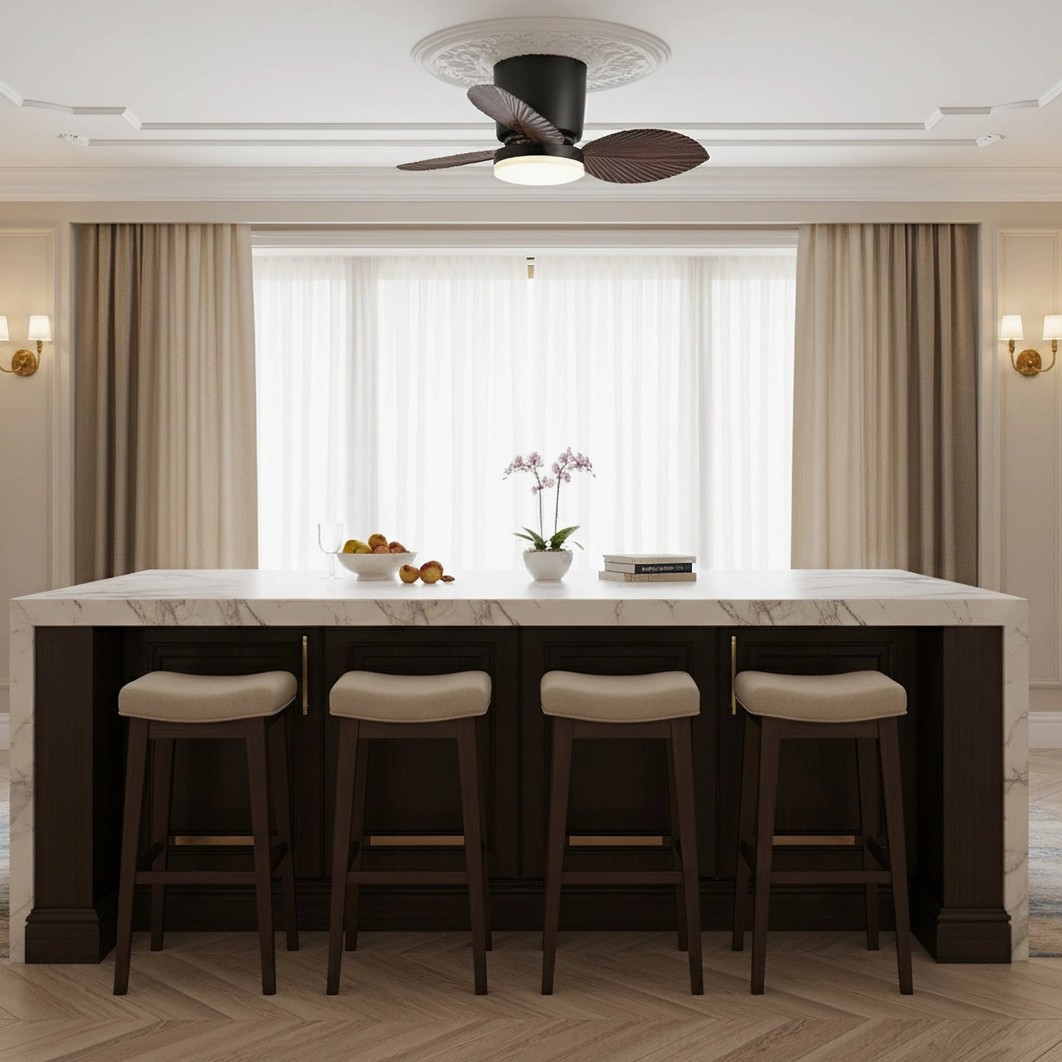 Warm cozy master bedroom with Melorie ceiling fan light, low-angle view showing gentle air circulation and ambient lighting