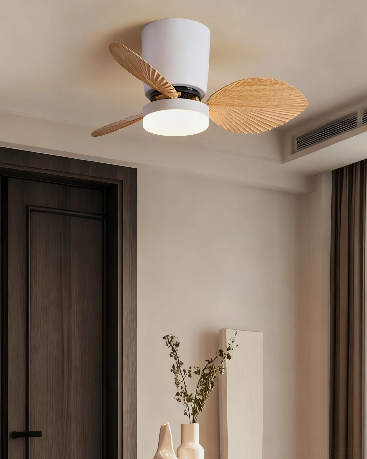 Minimalist light wood blade Melorie ceiling fan light in modern entryway, eye-level view with sleek botanical design
