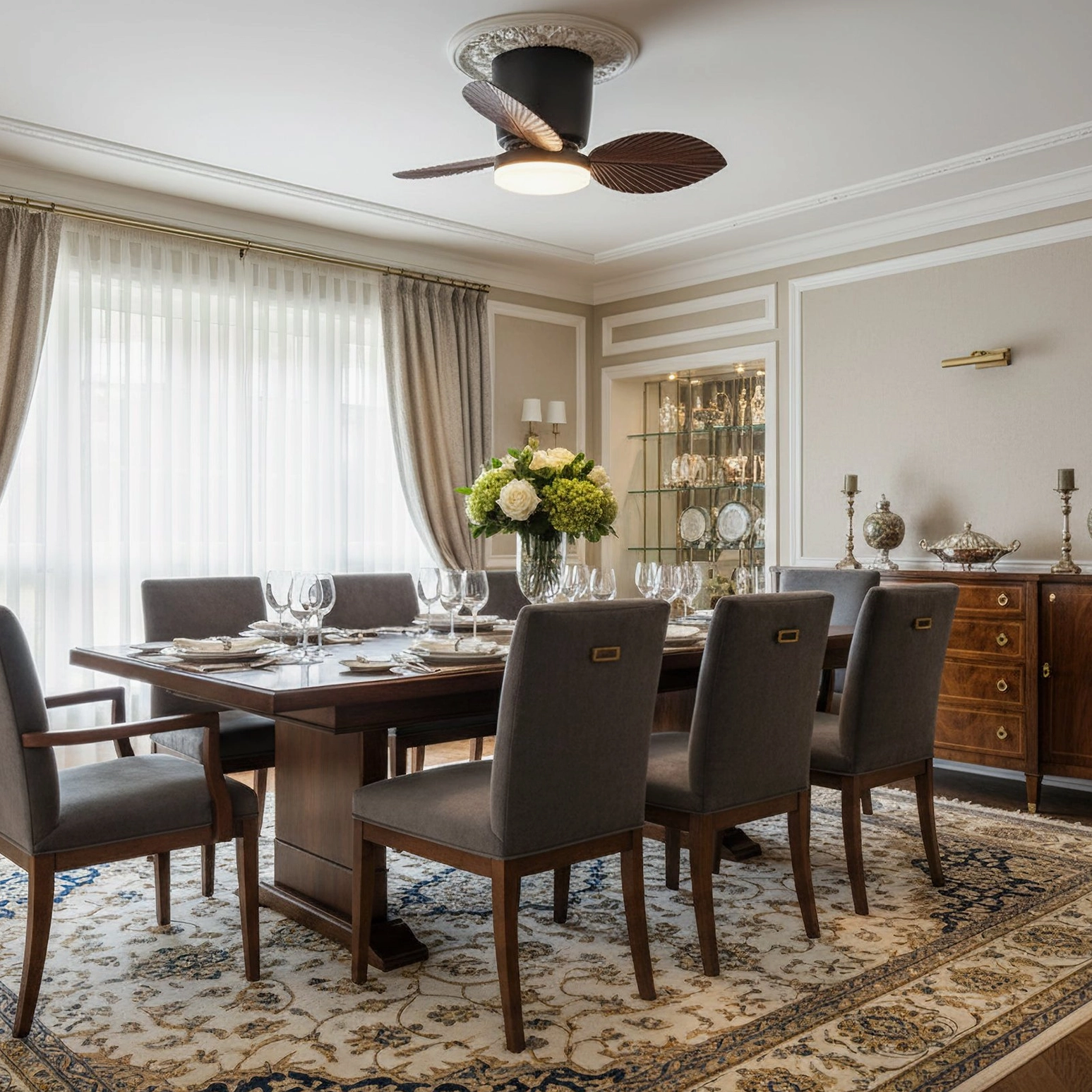 Luxury neoclassical dining area with Melorie ceiling fan light providing elegant illumination over formal dining space