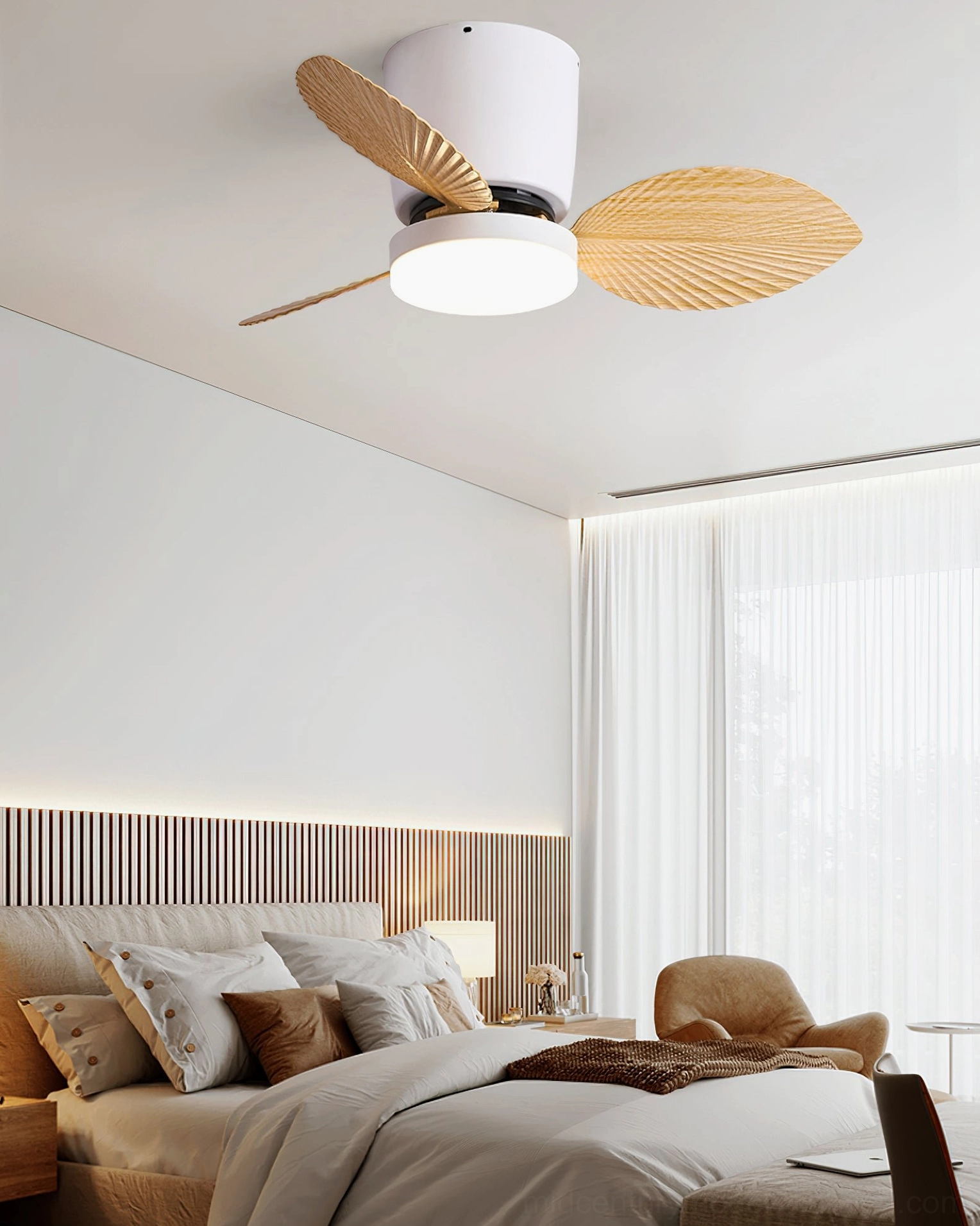 Melorie ceiling fan light in walnut color finish, mounted in modern residential space with contemporary interior design