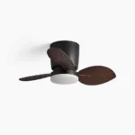 Melorie tropical palm ceiling fan light with integrated LED, minimalist white background product photography, modern botanical blade design