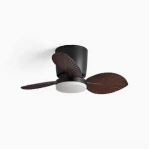 Melorie tropical palm ceiling fan light with integrated LED, minimalist white background product photography, modern botanical blade design