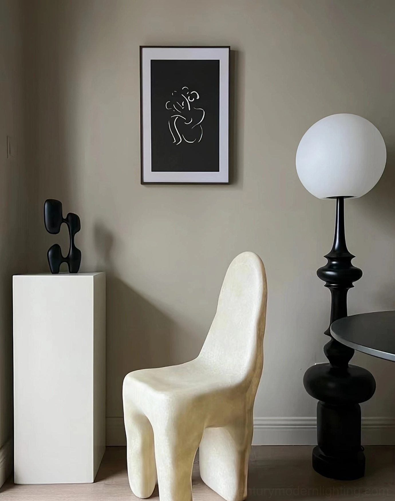 Melrose floor lamp matte black resin pole base detail mid-century modern construction