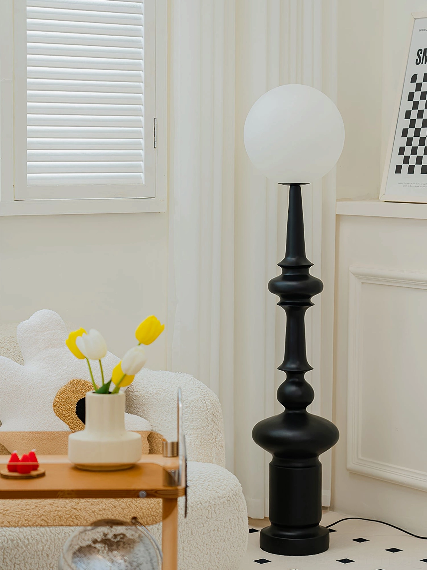 Melrose spherical lamp French style living room louvered window small coffee table styling