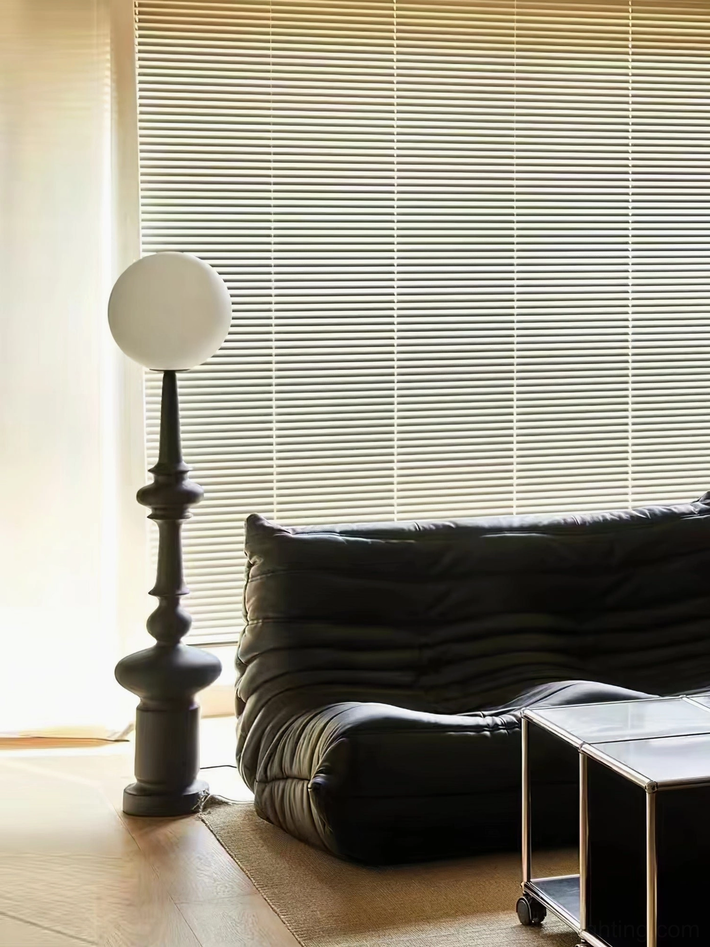 Melrose floor lamp modern living room with blinds placed beside black leather sofa